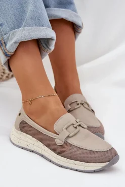 Damskie Damskie buty S.Barski Damskie Skórzane Mokasyny D&A TW210 Szare