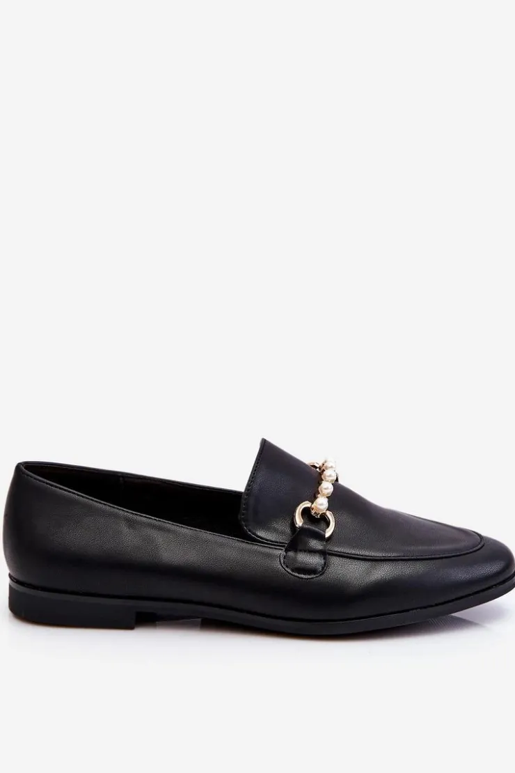 Boto Mokasyny Damskie Skórzane*Damskie Skórzane Mokasyny Z Ozdobnymi Perełkami Czarne Ishan