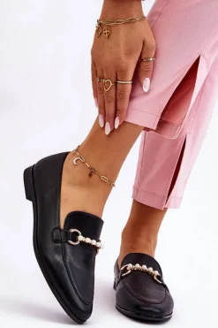 Boto Mokasyny Damskie Skórzane*Damskie Skórzane Mokasyny Z Ozdobnymi Perełkami Czarne Ishan