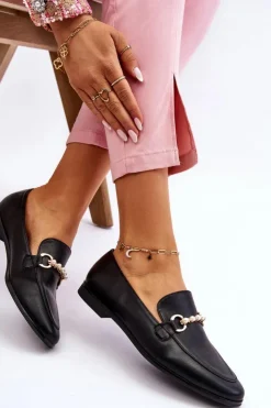 Boto Mokasyny Damskie Skórzane*Damskie Skórzane Mokasyny Z Ozdobnymi Perełkami Czarne Ishan