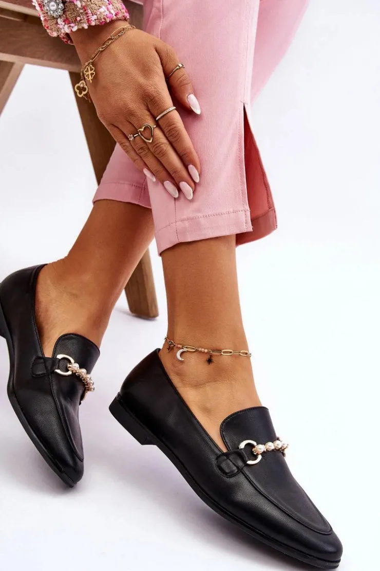 Boto Mokasyny Damskie Skórzane*Damskie Skórzane Mokasyny Z Ozdobnymi Perełkami Czarne Ishan