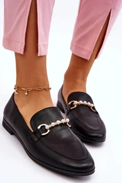 Boto Mokasyny Damskie Skórzane*Damskie Skórzane Mokasyny Z Ozdobnymi Perełkami Czarne Ishan