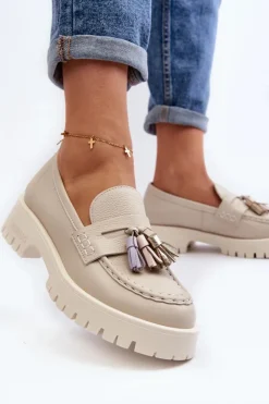 Damskie CheBello Damskie Skórzane Mokasyny Z Frędzlami 3096 Beżowe