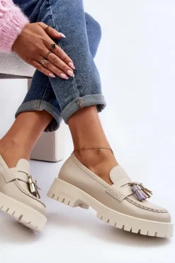 Damskie CheBello Damskie Skórzane Mokasyny Z Frędzlami 3096 Beżowe