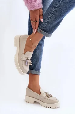 Damskie CheBello Damskie Skórzane Mokasyny Z Frędzlami 3096 Beżowe