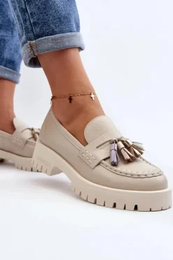 Damskie CheBello Damskie Skórzane Mokasyny Z Frędzlami 3096 Beżowe