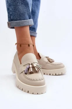 Damskie CheBello Damskie Skórzane Mokasyny Z Frędzlami 3096 Beżowe