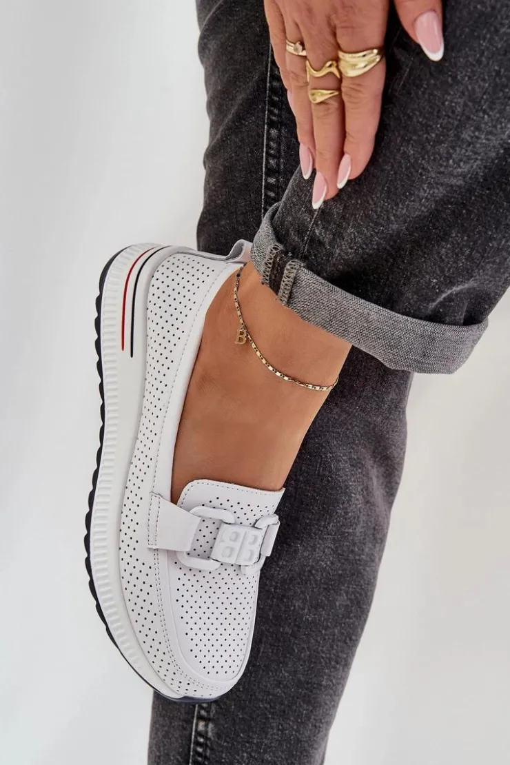 Damskie buty S.Barski Loafersy Damskie|Mokasyny Damskie Skórzane*Damskie Skórzane Mokasyny Na Platformie S.Barski LR51-556 Białe