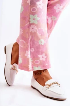 Damskie Boto Damskie Skórzane Mokasyny Z Ozdobnymi Perłami Białe Sergia