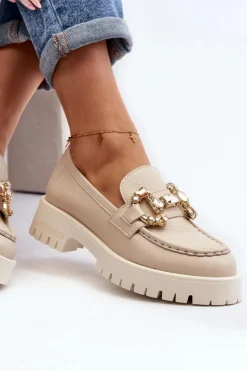 Discount CheBello Damskie Skórzane Mokasyny Z Ozdobą 4369 Beżowe