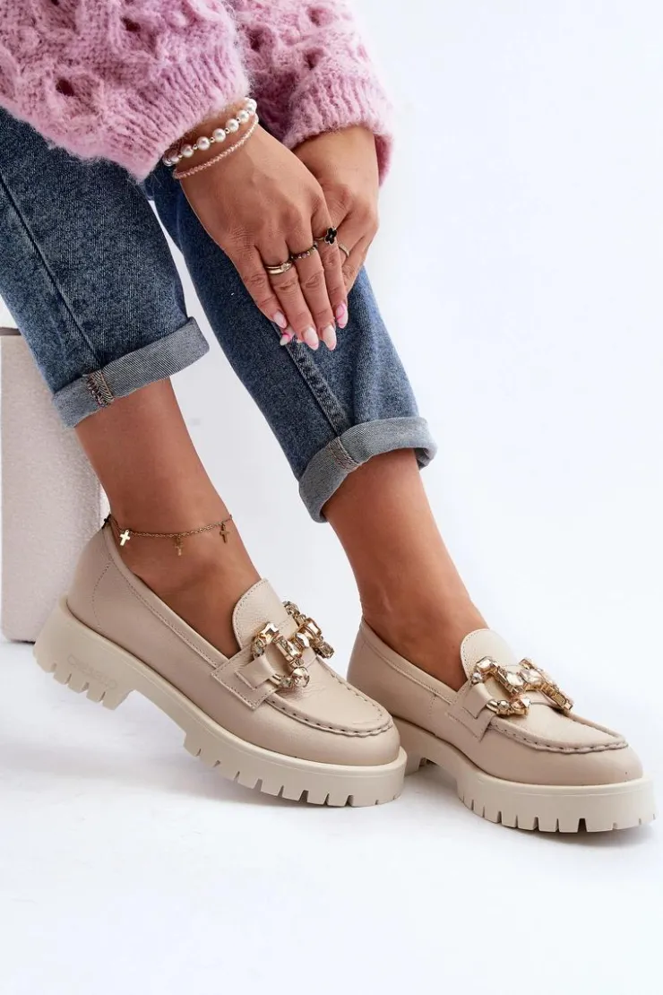 Discount CheBello Damskie Skórzane Mokasyny Z Ozdobą 4369 Beżowe