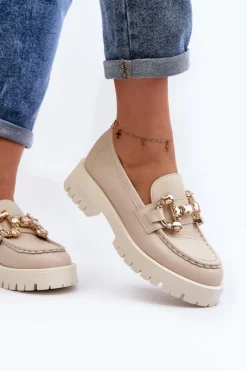 Discount CheBello Damskie Skórzane Mokasyny Z Ozdobą 4369 Beżowe