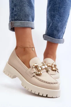 Discount CheBello Damskie Skórzane Mokasyny Z Ozdobą 4369 Beżowe