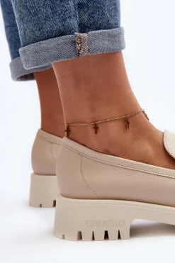 Discount CheBello Damskie Skórzane Mokasyny Z Ozdobą 4369 Beżowe