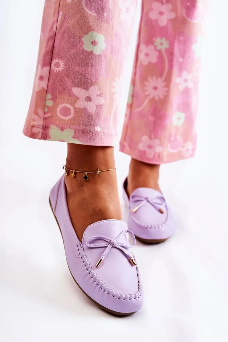 Boto Mokasyny Damskie Skórzane*Damskie Skórzane Mokasyny Z Kokardą Fioletowe Aurila