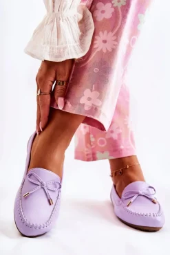 Boto Mokasyny Damskie Skórzane*Damskie Skórzane Mokasyny Z Kokardą Fioletowe Aurila