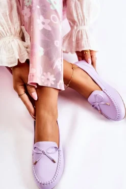 Boto Mokasyny Damskie Skórzane*Damskie Skórzane Mokasyny Z Kokardą Fioletowe Aurila