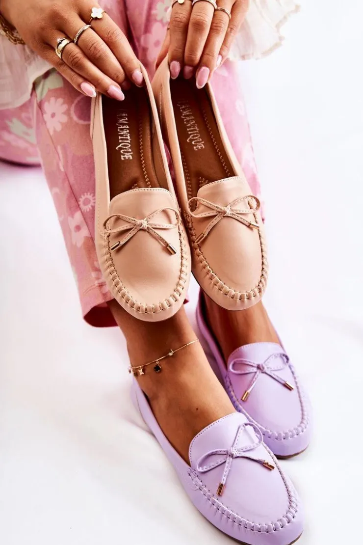 Boto Mokasyny Damskie Skórzane*Damskie Skórzane Mokasyny Z Kokardą Fioletowe Aurila