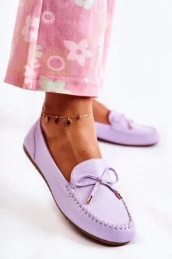 Boto Mokasyny Damskie Skórzane*Damskie Skórzane Mokasyny Z Kokardą Fioletowe Aurila
