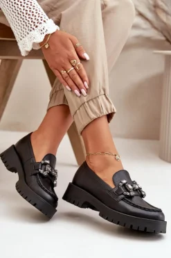 Damskie CheBello Damskie Skórzane Mokasyny Z Ozdobą 4369 Czarne