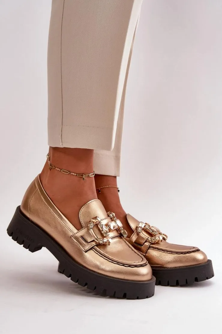 CheBello Mokasyny Płaskie|Mokasyny Damskie Skórzane*Damskie Skórzane Mokasyny Z Ozdobą 4369 Złote Złoty