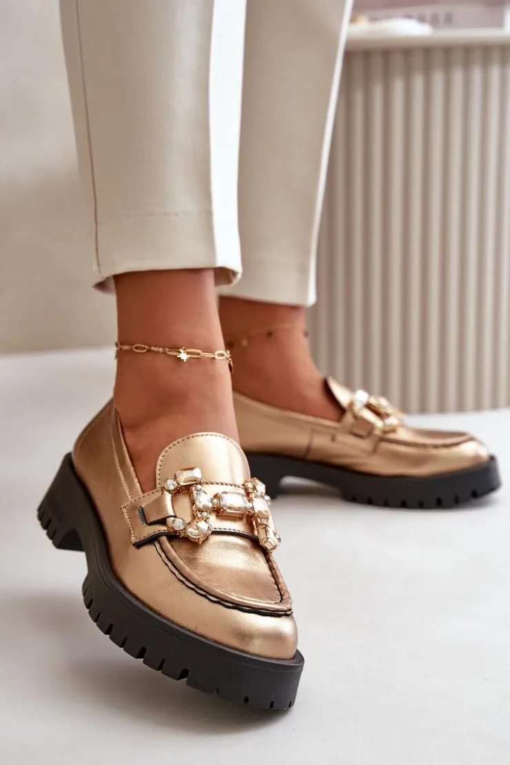 CheBello Mokasyny Płaskie|Mokasyny Damskie Skórzane*Damskie Skórzane Mokasyny Z Ozdobą 4369 Złote Złoty