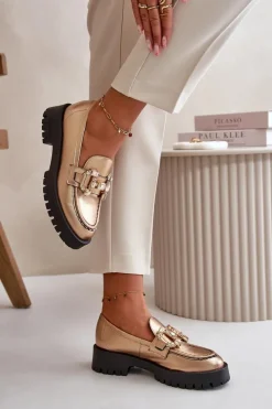 CheBello Mokasyny Płaskie|Mokasyny Damskie Skórzane*Damskie Skórzane Mokasyny Z Ozdobą 4369 Złote Złoty