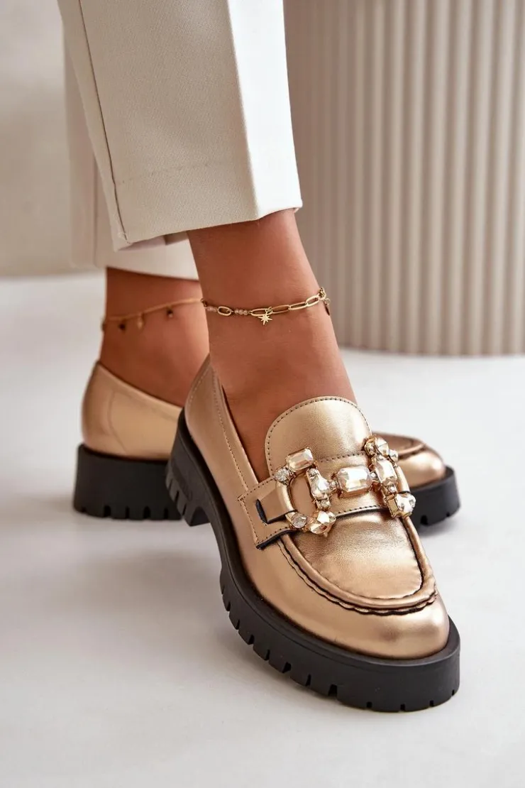 CheBello Mokasyny Płaskie|Mokasyny Damskie Skórzane*Damskie Skórzane Mokasyny Z Ozdobą 4369 Złote Złoty