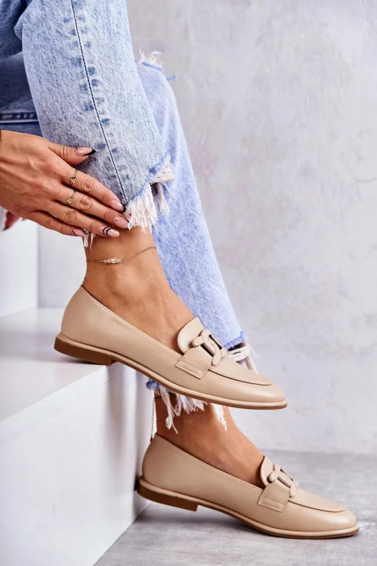 Damskie Boto Damskie Skórzane Mokasyny Z Ozdobą Beżowe Kerrie