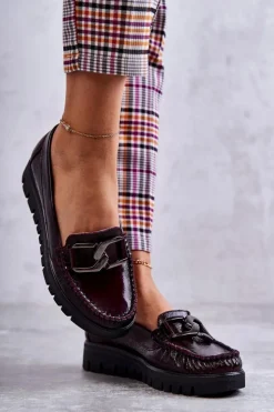 Discount Boto Damskie Skórzane Mokasyny Na Platformie Bordowe Venesia