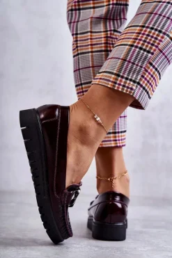 Discount Boto Damskie Skórzane Mokasyny Na Platformie Bordowe Venesia