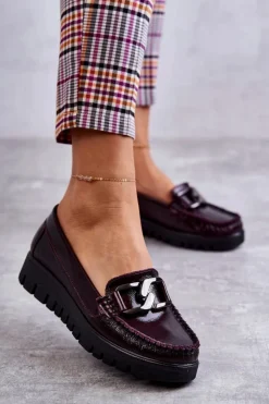 Discount Boto Damskie Skórzane Mokasyny Na Platformie Bordowe Venesia