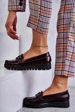 Discount Boto Damskie Skórzane Mokasyny Na Platformie Bordowe Venesia