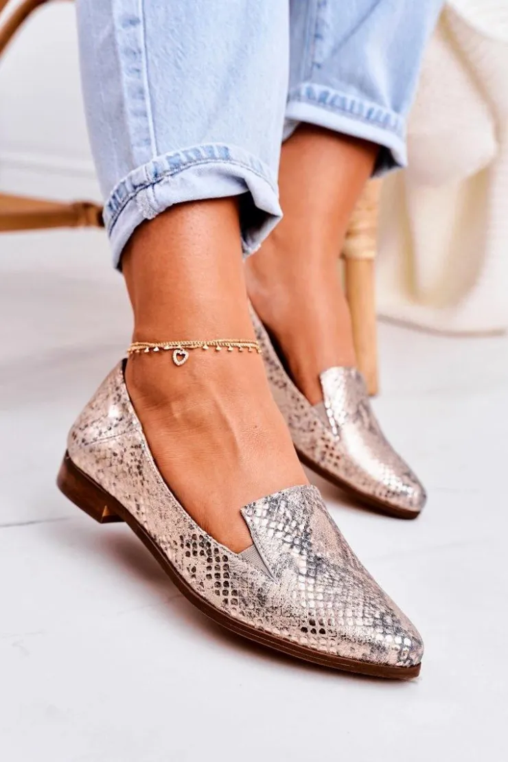 Boto Mokasyny Damskie Skórzane*Damskie Skórzane Mokasyny Wzór Zwierzęcy Złote Scarlett