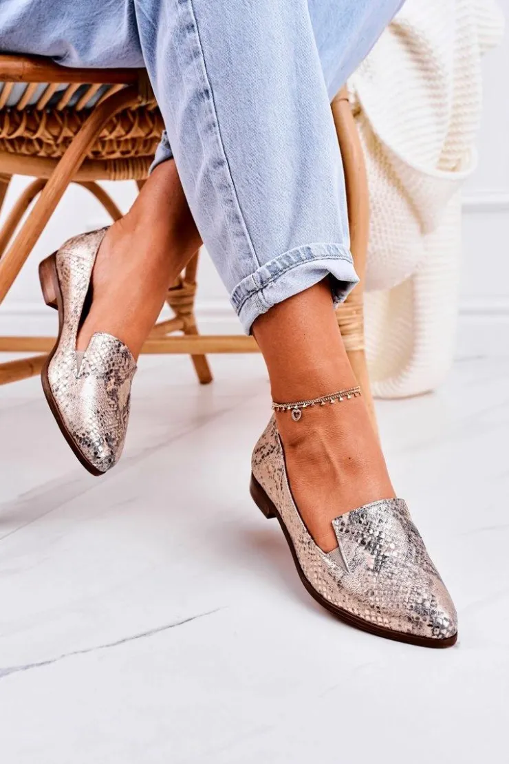 Boto Mokasyny Damskie Skórzane*Damskie Skórzane Mokasyny Wzór Zwierzęcy Złote Scarlett