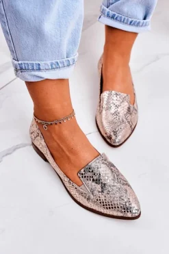 Boto Mokasyny Damskie Skórzane*Damskie Skórzane Mokasyny Wzór Zwierzęcy Złote Scarlett