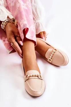 Boto Mokasyny Damskie Skórzane*Damskie Skórzane Mokasyny Z Ozdobnymi Perłami Beżowe Sergia