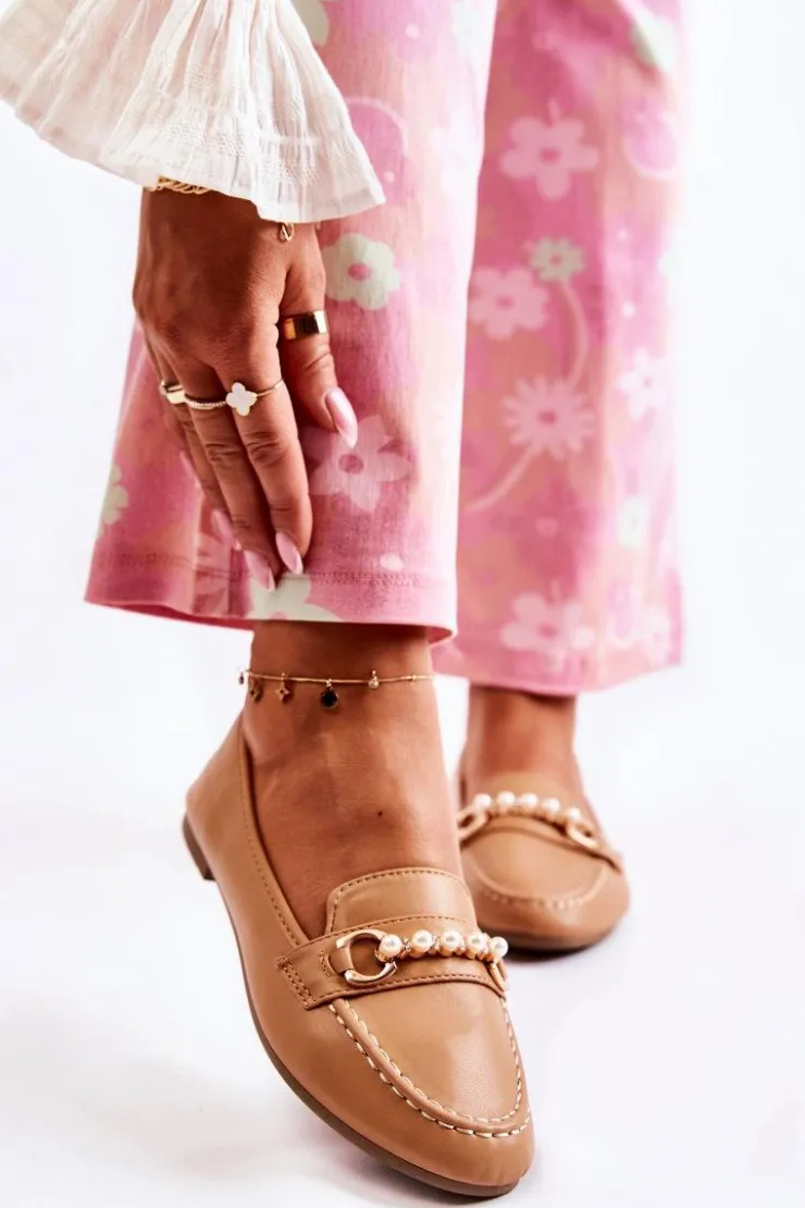 Sale Boto Damskie Skórzane Mokasyny Z Ozdobnymi Perłami Brązowe Sergia