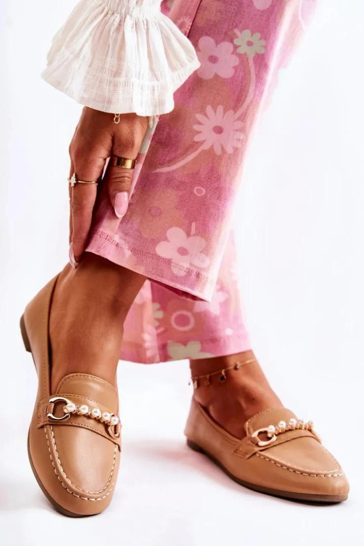 Sale Boto Damskie Skórzane Mokasyny Z Ozdobnymi Perłami Brązowe Sergia