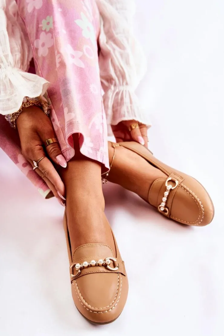 Sale Boto Damskie Skórzane Mokasyny Z Ozdobnymi Perłami Brązowe Sergia