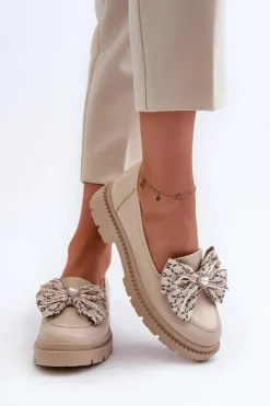 Damskie Laura Messi Damskie Skórzane Mokasyny Z Kokardą 2787 Jasnobeżowe