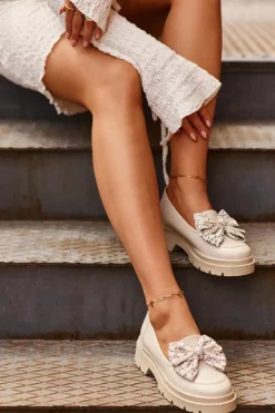 Damskie Laura Messi Damskie Skórzane Mokasyny Z Kokardą 2787 Jasnobeżowe