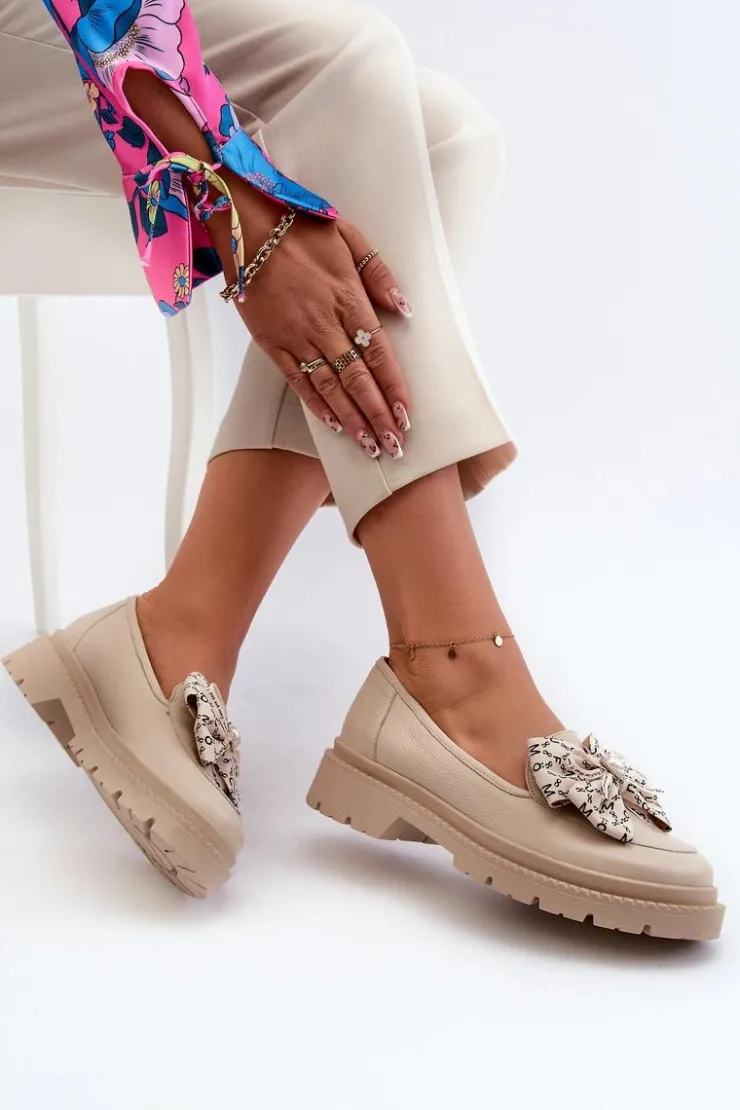 Damskie Laura Messi Damskie Skórzane Mokasyny Z Kokardą 2787 Jasnobeżowe