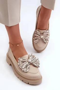 Damskie Laura Messi Damskie Skórzane Mokasyny Z Kokardą 2787 Jasnobeżowe
