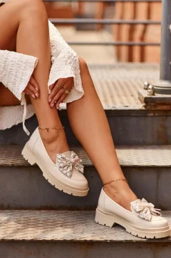 Damskie Laura Messi Damskie Skórzane Mokasyny Z Kokardą 2787 Jasnobeżowe