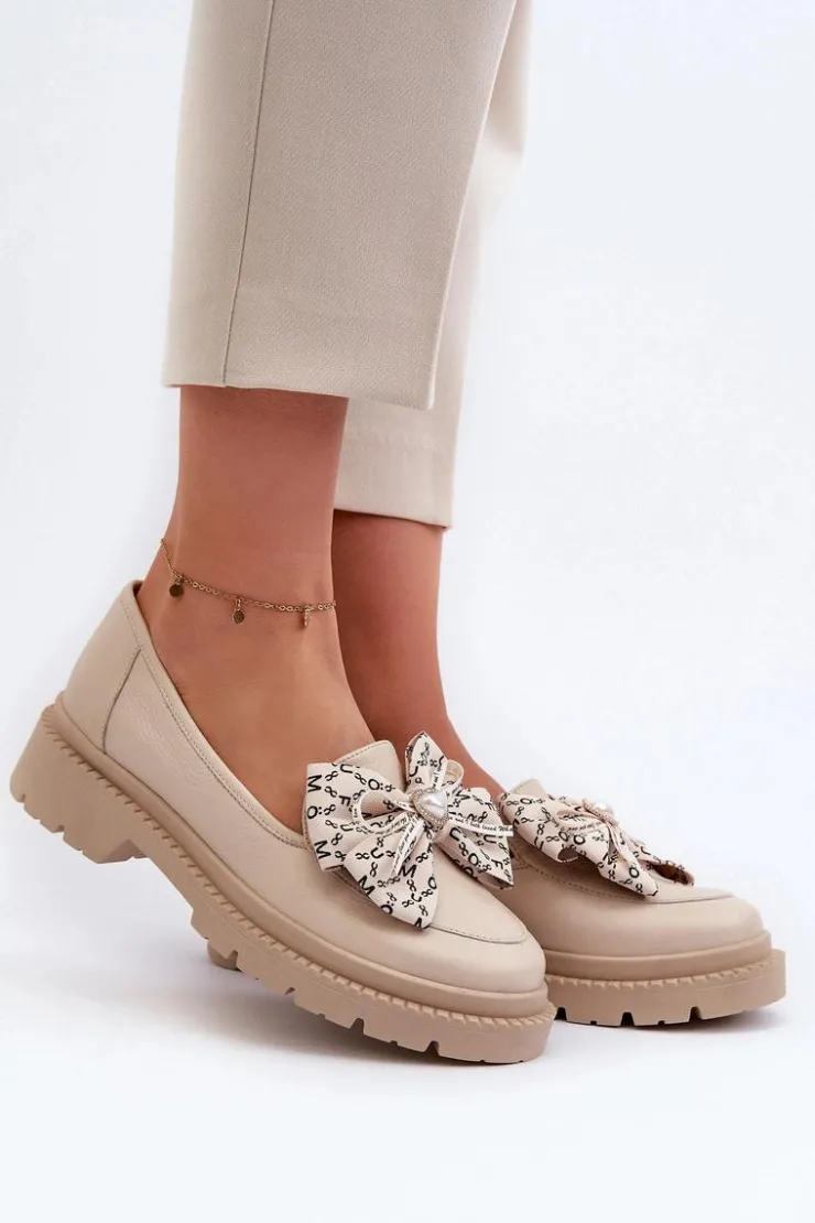 Damskie Laura Messi Damskie Skórzane Mokasyny Z Kokardą 2787 Jasnobeżowe