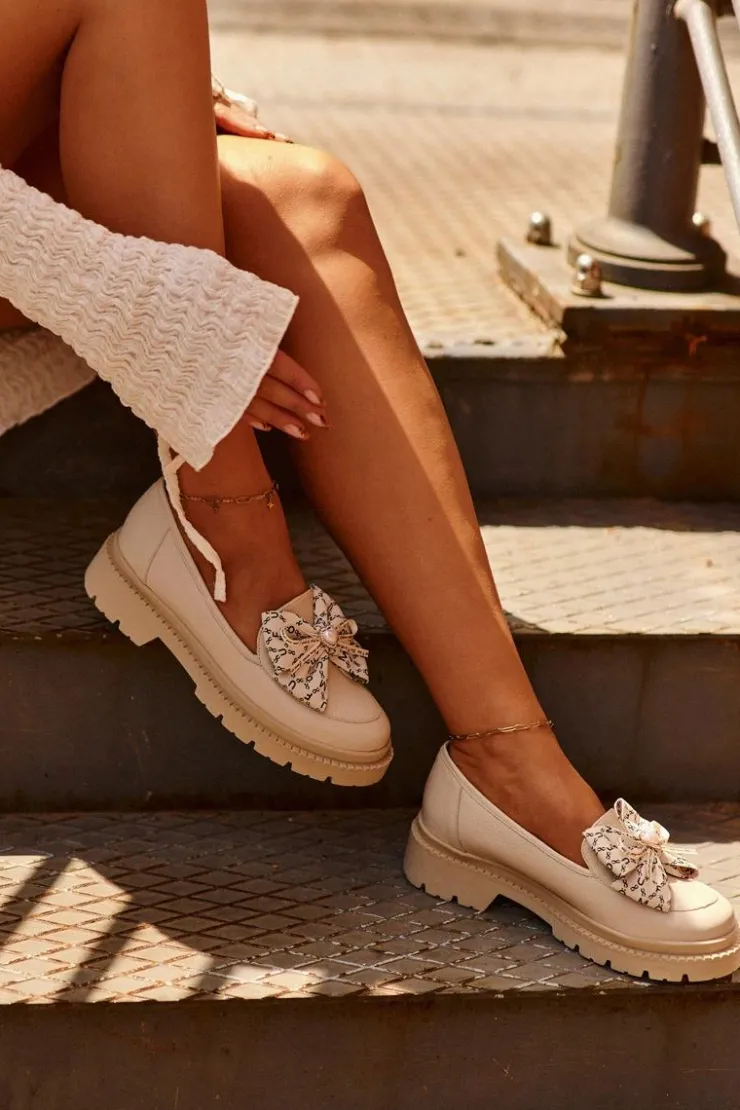 Damskie Laura Messi Damskie Skórzane Mokasyny Z Kokardą 2787 Jasnobeżowe