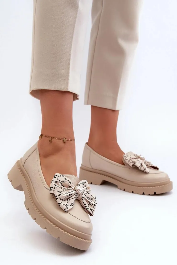 Damskie Laura Messi Damskie Skórzane Mokasyny Z Kokardą 2787 Jasnobeżowe