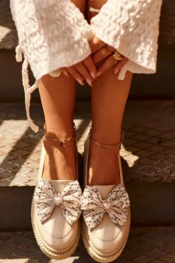 Damskie Laura Messi Damskie Skórzane Mokasyny Z Kokardą 2787 Jasnobeżowe