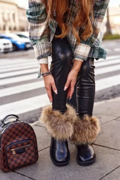 Damskie Boto Damskie Skórzane Śniegowce Z Futerkiem Lakierowane Czarne Alexa